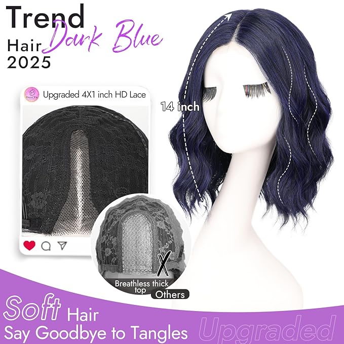 Dark Blue Short Wavy Wig for Women Lace Hairline Bob Style Synthetic Heat Resistant - Natural Appearance for Everyday Hairstyle 14 Inch