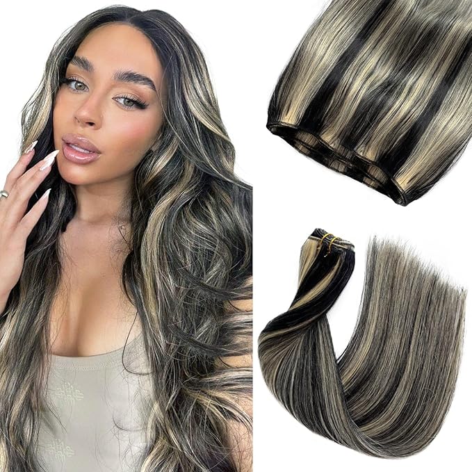 Human Hair Weft Extensions Black Blonde Balayage Hair Extensions Real Human Hair Black and Blonde Sew in Bundles 22 Inch 120G Thick Full Highlight Hair Weave for Sew in Double Weft