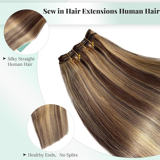 Real Human Hair Extensions Sew in Brown with Blonde Highlights Hand Tied Weft Hair Extensions Human Hair 14 Inch 80G Double Weft Straight Blonde Sew in Weave Bundles with Brown Highlights