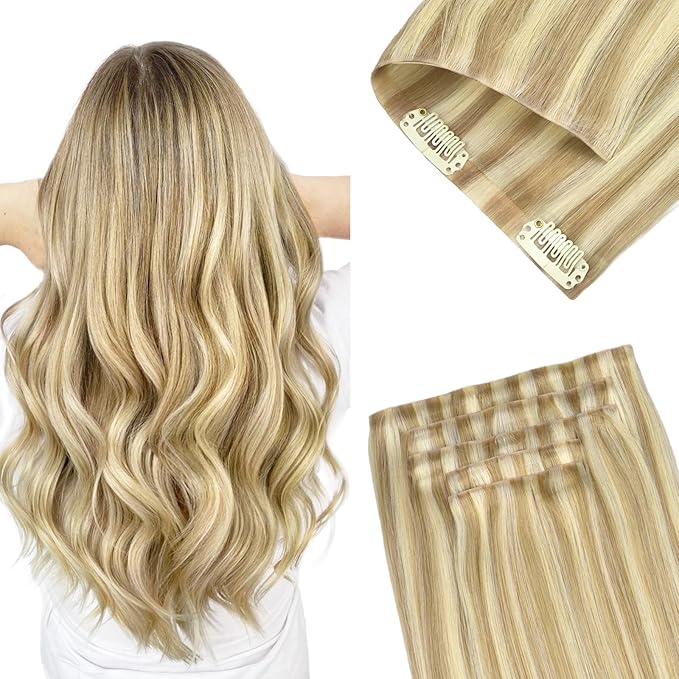 GOO GOO Invisi Edge Clip in Hair Extensions 24inch 120g 7Pcs Injected Seamless PU Clip in Hair Extensions, Virgin Real Human Hair, 16/22 Light Blonde Highlighted Golden Blonde