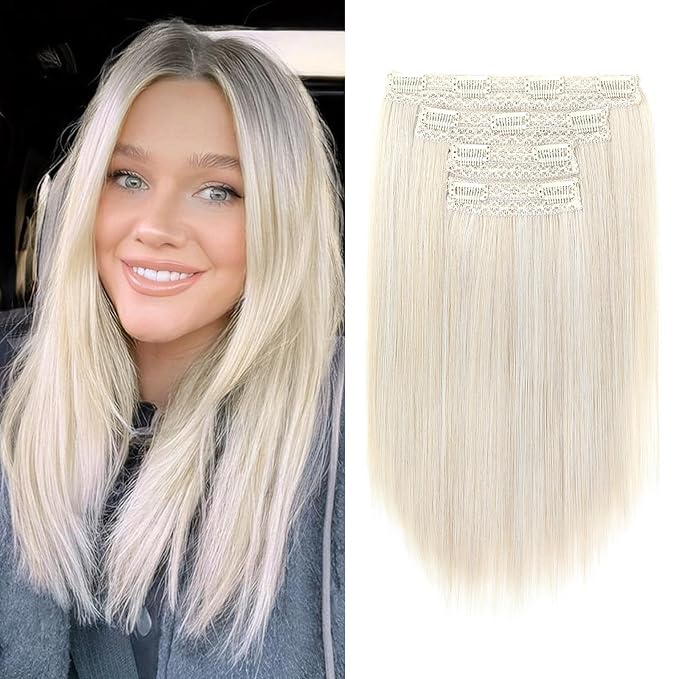 Hair Extensions, 14" Short Clip in Hair Extensions 4PCS Straight Natural Soft Synthetic Hairpiece for Women - Pearl Blonde