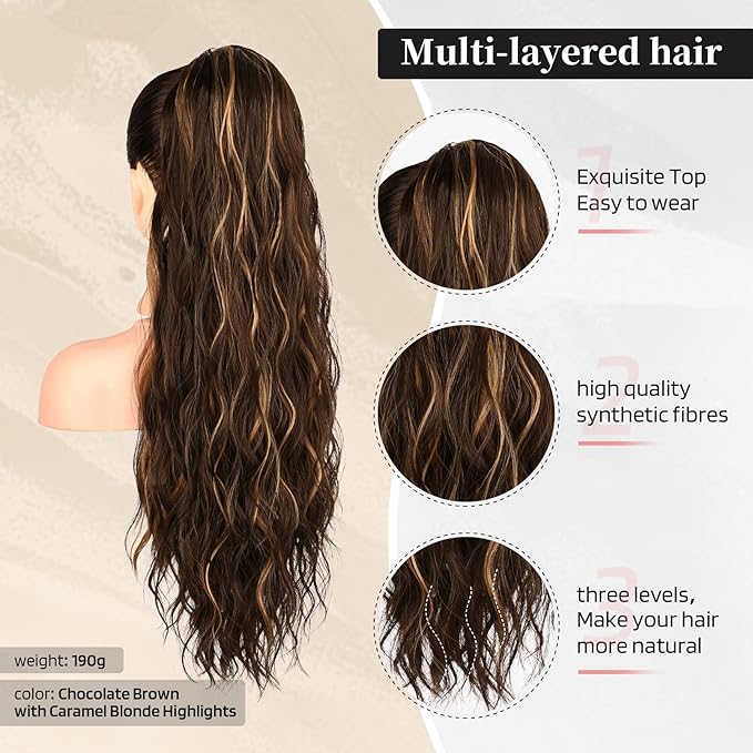 FLUFYMOOZ Ponytail Extension, 26 Inch Drawstring Ponytail Hair Extensions for Women， Long Curly Wavy Ponytail Natural Wavy Synthetic Hairpiece for Women(26 Inch Brown with Blonde Highlights)