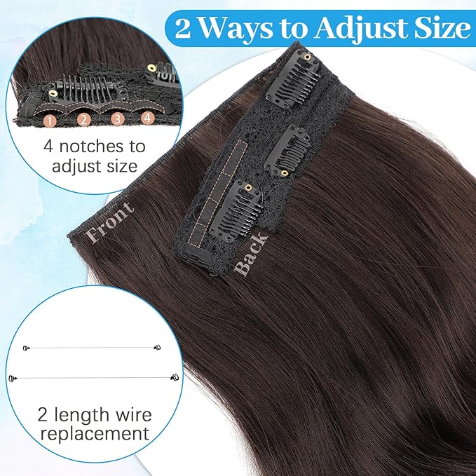 KooKaStyle Invisible Wire Hair Extensions Long Straight Layered Synthetic with Transparent Wire Adjustable Size 6 Secure Clips Hairpieces for Women 20 Inch (20 Inch,Reddish Chocolate Brown)