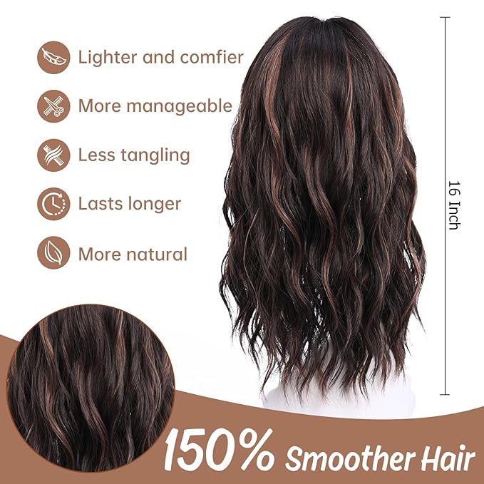 Dark Brown Wig with Highlight Medium Length Wigs for Women Middle Part Synthetic Hair Wigs Mixed Wavy Highlights Natural Hair for Daily Party Halloween Colourful Wig Highlighted（16 inch）