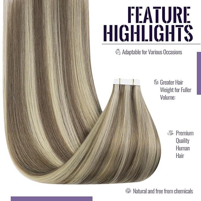 Fshine Tape in Blonde Hair Extensions Tape in Extensions Human Hair Color Ash Brown and Highlighted Platinum Blonde Extensions Tape in 50 g Straight for Women 20 Inch
