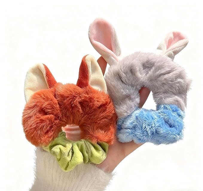 Cute Furry Hair Clips Plush Animal Design, Ears Scrunchies Set Ties for Women and Girls (Style B)