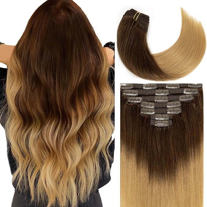 Caliee Human Hair Clip in Extensions Ombre T3-12 Darker Brown Fading to Light Golden Brown Hair Extensions Clip in Human Hair 14 Inch 7 PCS 120 G Natural Straight Invisible Lace Weft Soft