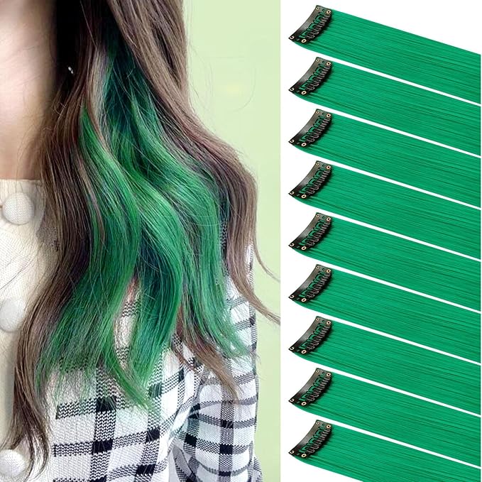 Rhyme 9PCS Green Hairpieces 21inch Colored Hair Extensions Clip in/on for Girls and Women Party Highlight Christmas Wig Pieces Hair Accessories (Green)
