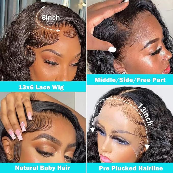 13x6 Deep Wave Lace Front Wigs Human Hair 24 Inch 180% Density Deep Curly Hd Lace Frontal Wig 13x6 Glueless Hd Lace Front Wigs Human Hair Pre Plucked Natural Black