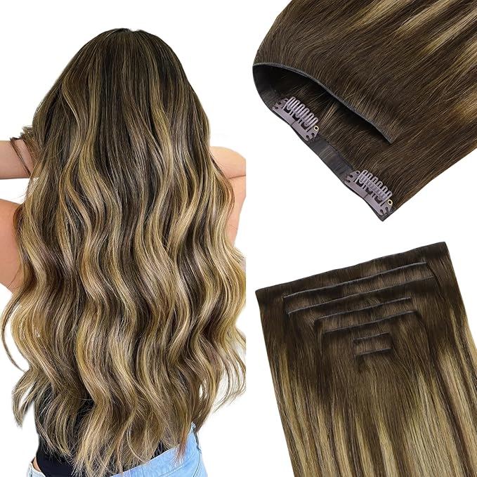 GOO GOO Invisi Edge Clip in Hair Extensions 20inch 110g 7Pcs Injected Seamless PU Clip in Hair Extensions, Virgin Real Human Hair, 4/27/4 Balayage Chocolate Brown to Caramel Blonde