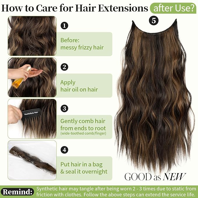 KooKaStyle Invisible Wire Hair Extensions with Transparent Headband Adjustable Size 4 Secure Clips Long Wavy Highlight Hairpiece 20 Inch H2/426alayage Dark Brown to Chestnut for Women