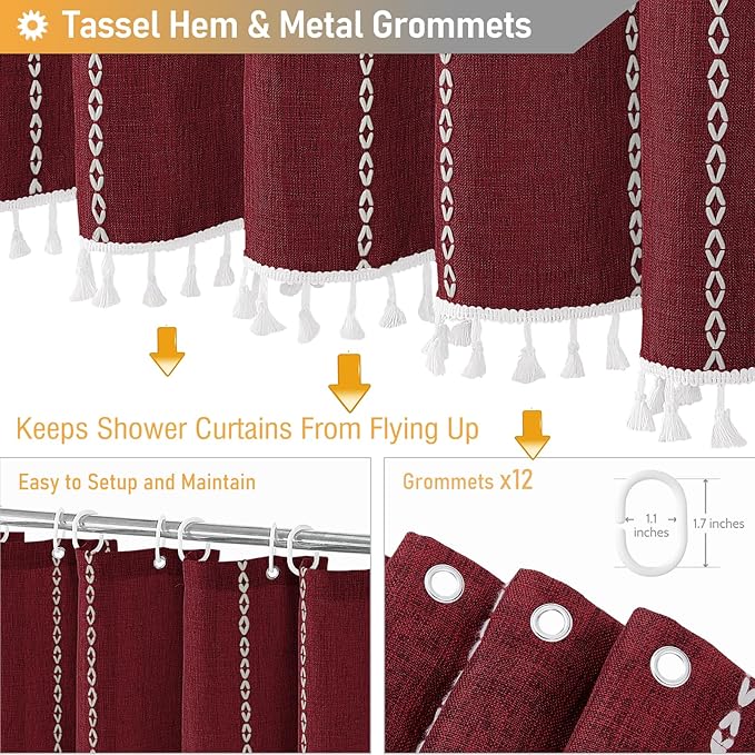 BTTN Extra Long Shower Curtain, 72x96 Long Striped Boho Linen Fabric Heavy Duty Shower Curtain Set with 12 Hooks, Tall Bohemian Farmhouse Luxury Tassel Cloth Shower Curtains for Bathroom, Burgundy