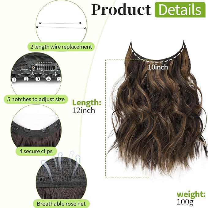 KooKaStyle Invisible Wire Hair Extensions with Transparent Headband Adjustable Size 4 Secure Clips Long Wavy Highlight Hairpiece 12 Inch H2/426#Balayage Dark Brown to Chestnut for Women