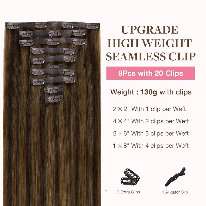 GOO GOO Clip in Hair Extensions Real Human Hair, Remy Human Hair Extensions Clip ins for Women, Natural Human Hair, 14inch 130g 9Pcs, 2C/4E/6C Brown Sugar Swirl Highlights