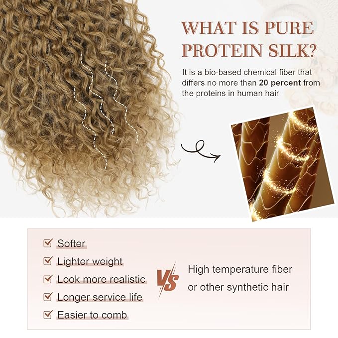 Clip in Hair Extensions, FLUFYMOOZ 4PC 100％ Pure Protein Silk Hair Extensions Long Soft Natural Hairpiece 20 Inch Curly Hair Extension for Women (Dark Blonde to Light Brown)