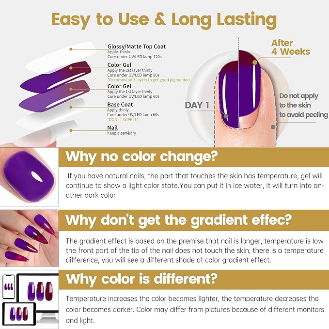 YTD Likomey Color Changing Gel Nail Polish 2 Pcs Set,15ml Purple To Dark Wine Red Pure Color and Glitter Nails Gel Kit,Thermal Ombre Change Colors Salon Manicure Fall Winter UV Varnish,WB2-7
