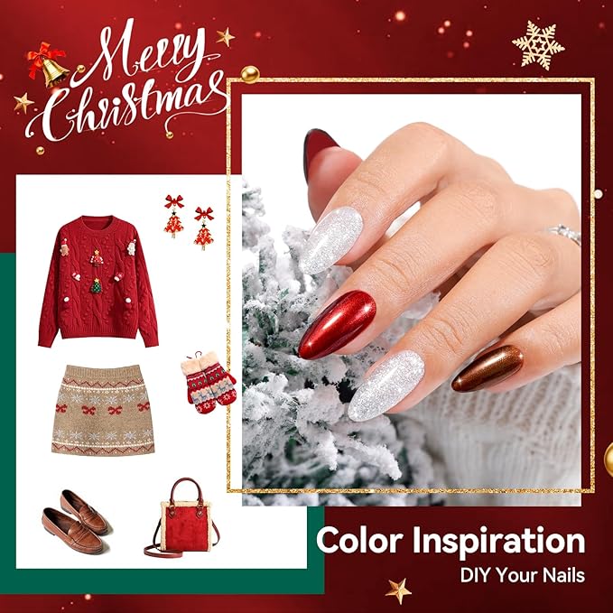 Christmas Nail Polish Set, 6 Colors Red Green Royal Blue Sparkle Gold Silver Nail Polish Kit, Salon-Quality, Hema-free, Non Gel, Quick Air Dry, Long-lasting DIY Nail Art Holiday Gift