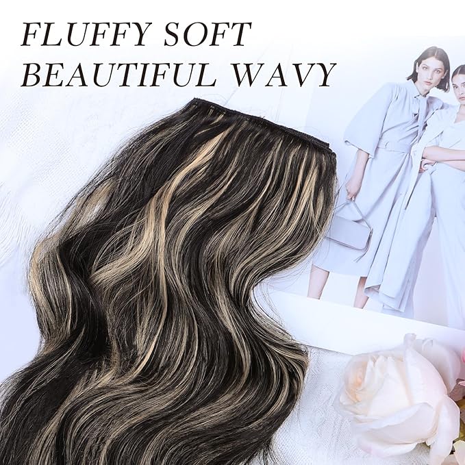 NAYOO Clip in Hair Extensions for Women 14 Inch Short Wavy Curly Black Mix Blonde Hairpieces Full Head Synthetic Hair Hairpieces (6PCS, Black Mix Blonde)