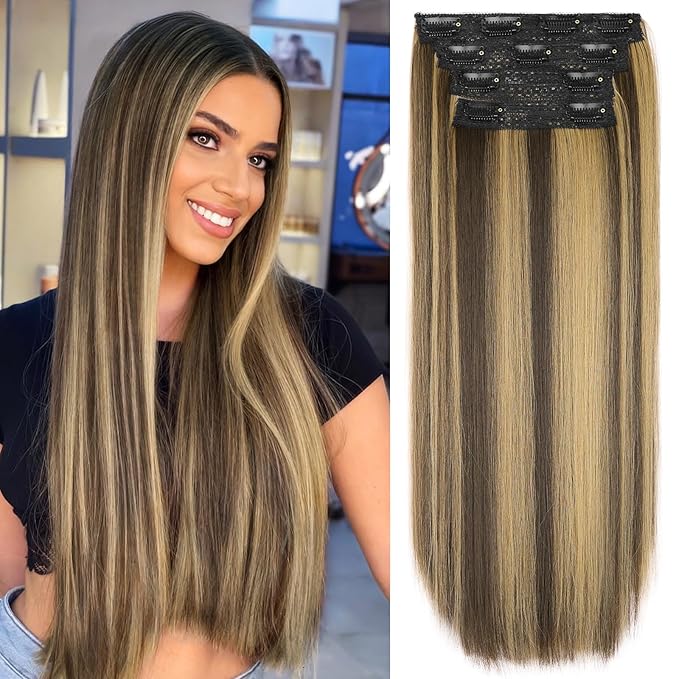 Clip in Hair Extensions Long Straight Hairpieces 22 Inch 4PCS Ultra-thin and breathable Hairpieces Fiber Double Weft Hair for women Balayage Chocolate Brown to Caramel Blonde Color