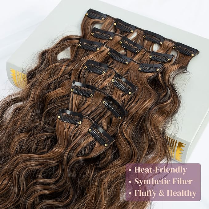 6PCS Clip In Hair Extensions-LONAI 24" Black Brown with Highlight Hair Long Mermaid Waves Synthetic Clip On Hairpiece For Women