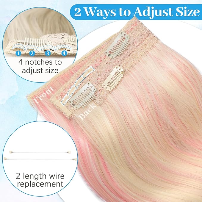 KooKaStyle Invisible Wire Hair Extensions 20"Long Wavy Layered Synthetic Clip in with Transparent Wire Adjustable Size 6 Secure Clips Blonde with Pink Highlights Thick Hairpieces for Women 20 Inch