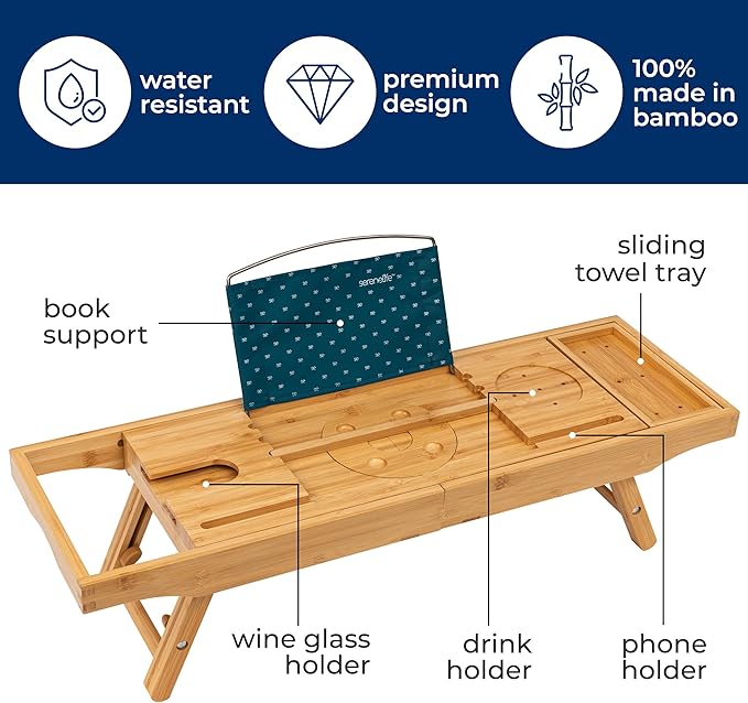 SereneLife 2 in 1 Bed and Bath Tray - Foldable Bamboo Bathtub Caddy with Adjustable Length, Non-Slip, Device Holder, Wine Glass Slot, Expandable for Comfortable Bathing (Folding, Soft Back, Gift Set)