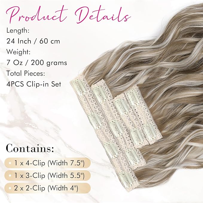 REECHO Clip in Hair Extensions, 4PCS 24" Thick Long Beach Waves hair extensions HE003 Invisible Lace Weft Natural Soft Hairpieces for Women – Ash Brown with Platinum Highlights