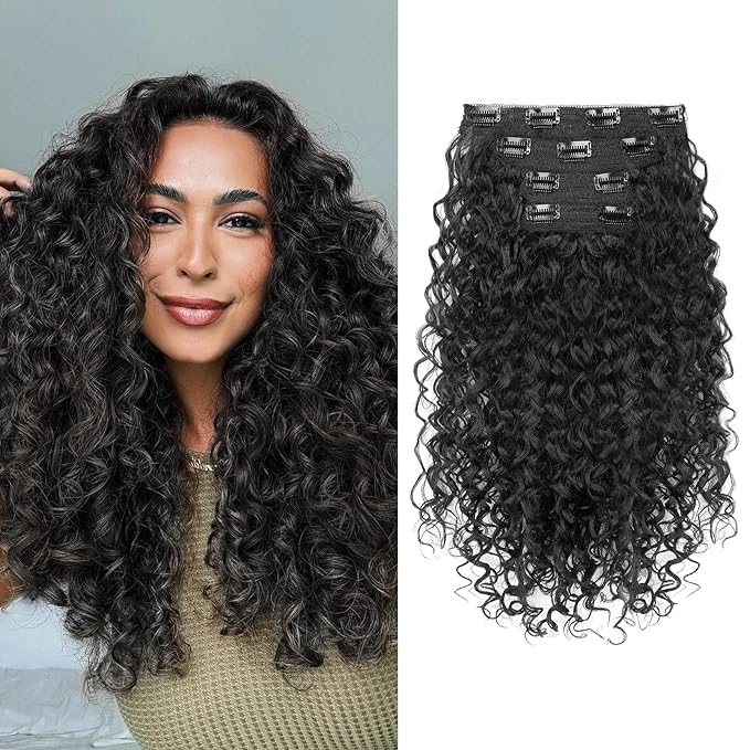 Clip in Hair Extensions, FLUFYMOOZ 4PC 100％ Pure Protein Silk Hair Extensions Long Soft Natural Hairpiece 16 Inch Curly Hair Extension for Women (Black Brown)