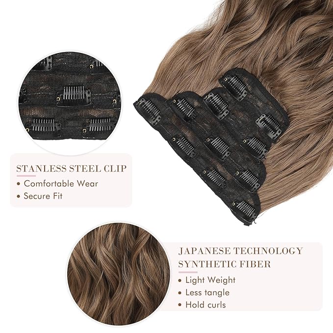 REECHO Hair Extensions, 4PCS Clip in Hair Extensions HE001 Natural Soft Synthetic Hairpieces for Women, Dark Ash Blonde with Golden Ends