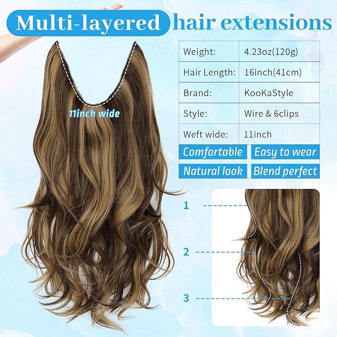 KooKaStyle Invisible Wire Hair Extensions Long Straight Layered Synthetic with Transparent Wire Adjustable Size 6 Secure Clips Hairpieces for Women 16 Inch (Balayage Chocolate Brown to Caramel Blonde)