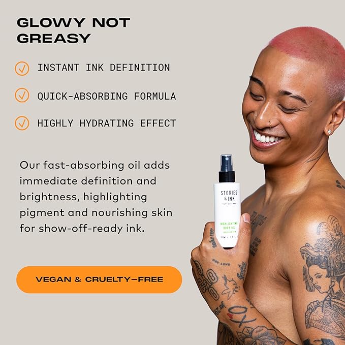 Stories & Ink Tattoo Care | HIGHLIGHTING BODY OIL for healed skin - Refreshes Faded Tattoos for Instant Tattoo Glow, 100 mL / 3.4 Fl Oz