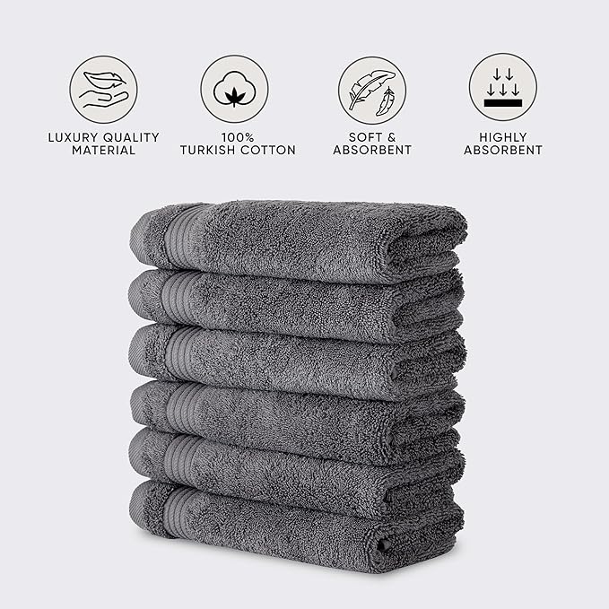Classic Turkish Towels CTT - Premium 6 Piece Hand Towels Set, 100% Turkish Cotton, Quick Dry & Comfy Towels for Hotel & Spa, Highly Absorbent | 16"x27" (Grey)