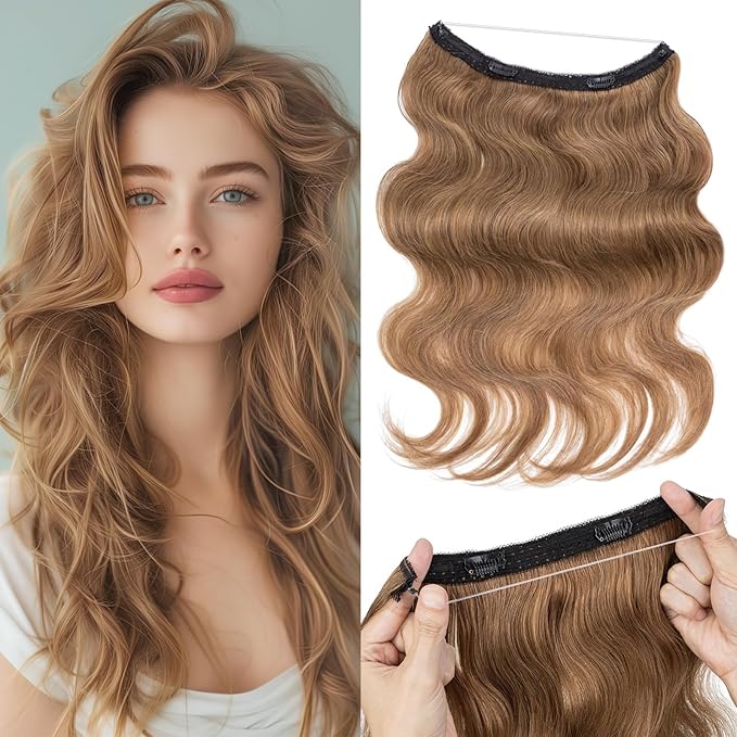 Halo Hair Extensions Real Human Hair,Halo Hair Extension 100% Human Hair,Wire Hair Extensions,Wavy 06 Light Brown 18 Inch/65g