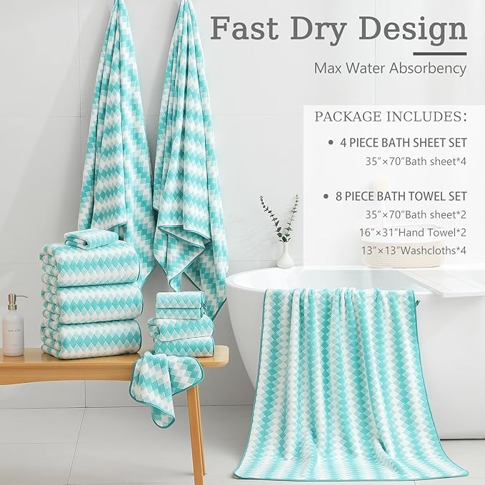 8 Piece Bathroom Towel Set |2 Oversized Bath Towels,2 Hand Towels,4 Washcloths| 600GSM Soft Hotel Towel Set Extra Large Bath Sheet for Bathroom,Highly Absorbent Quick Dry Bath Towel Collections,Teal