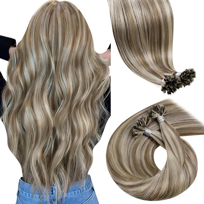 LaaVoo K Tip Hair Extensions Real Human Hair Highlight Brown Utip Hair Extensions Human Hair Light Brown and Golden Blonde Ktip Human Hair Extensions Short Straight 50s 50g 14 inch
