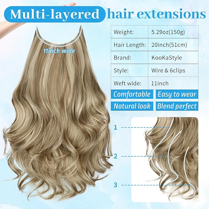 KooKaStyle Invisible Wire Hair Extensions Long Wavy Layered Synthetic Hairpieces with Transparent Wire Adjustable Size 6 Secure Clips Light Blonde Mixed Bleach Blonde for Women 20 Inch