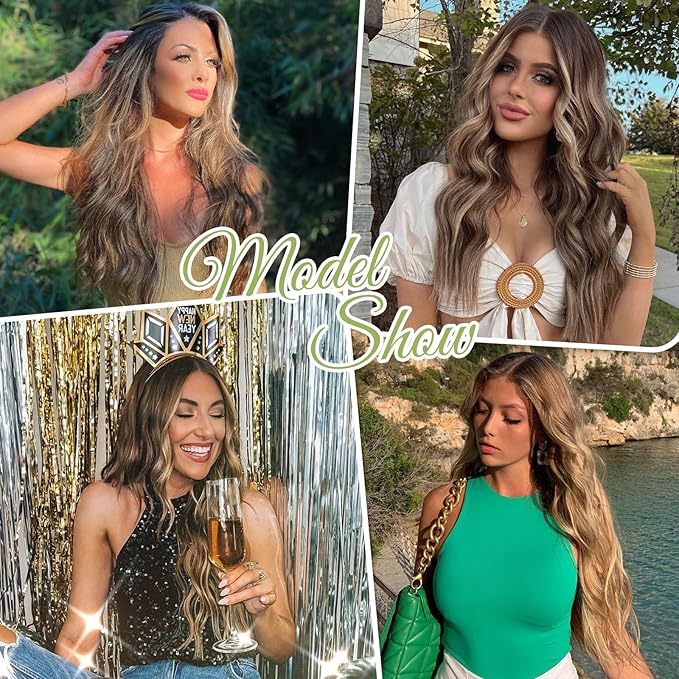 KooKaStyle Invisible Wire Hair Extensions with Transparent Wire Headband Adjustable Size 4 Secure Clips Long Wavy Hairpiece for Women (16 inch, Balayage Chocolate Brown to Caramel Blonde)