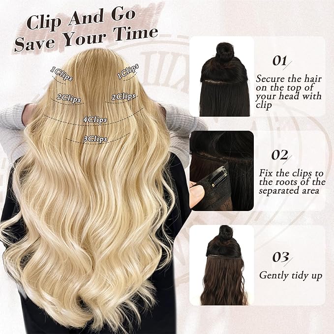 BARSDAR Light Ash Blonde Mix Clip in Hair Extensions - 6PCs Beach Wavy Blonde Highlight Clip in Hair Extensions for Women - 20 Inch Thick Soft Synthetic Clips on Hairpieces Daily Party Halloween