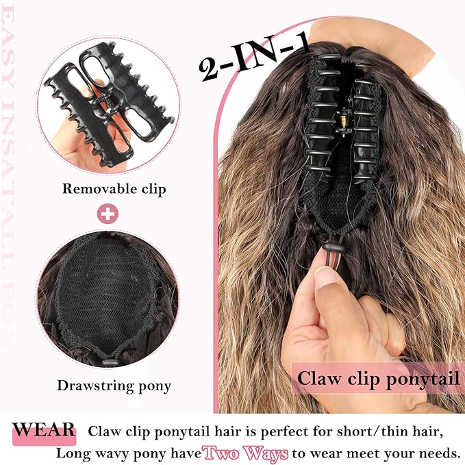 ENBEAUTIFUL 30" Claw Clip Ponytail Extension Long Wavy Ponytail Extension Synthetic Pony Tails Hair Extensions Clip in Hair pieces for Women Ombre Brown mix Blonde
