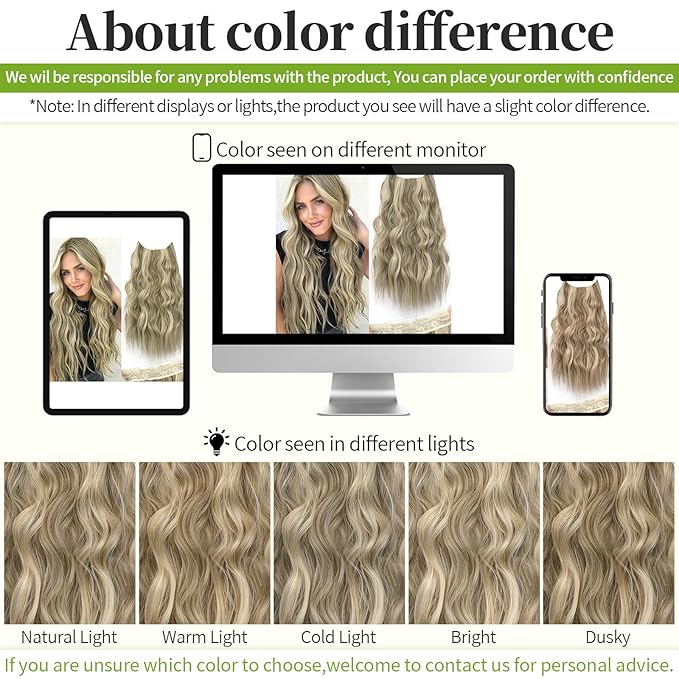 KooKaStyle Invisible Wire Hair Extensions with Transparent Headband Adjustable Size 4 Secure Clips Long Wavy Secret Wire Hairpiece 9H60A#Ash Brown/Platinum Blonde 20 Inch for Women