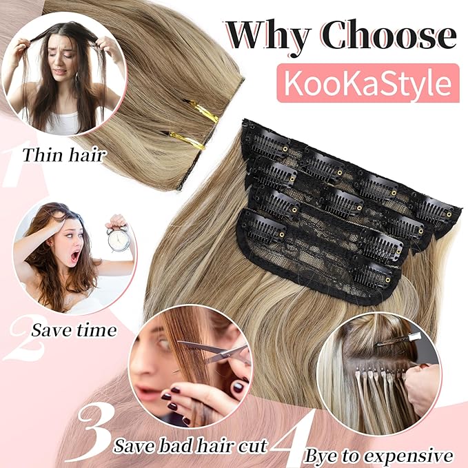 KooKaStyle Clip in Hair Extensions Long Wavy 4PCS Thick Hairpieces Synthetic Ash Blonde Balayage Fiber Double Weft Natural Hair Extensions for Women 24 Inch Daily Use