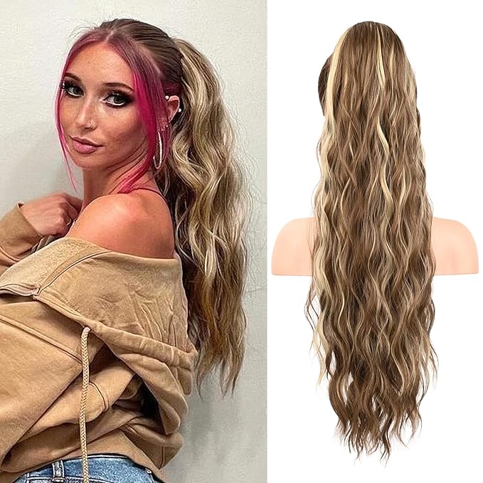 FLUFYMOOZ Ponytail Extension, 26 Inch Drawstring Ponytail Hair Extensions for Women， Long Curly Wavy Ponytail Natural Wavy Synthetic Hairpiece for Women (26 Inch Cool Brown with Blonde Highlights)