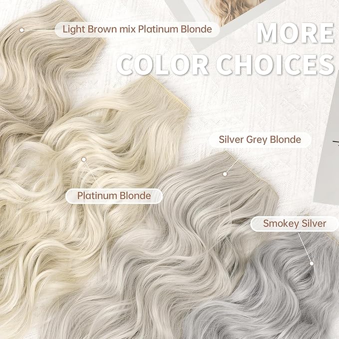 KooKaStyle Invisible Wire Hair Extensions with Transparent Wire Adjustable Size 4 Secure Clips Long Wavy Secret Hairpiece 20 Inch Platinum Blonde for Women