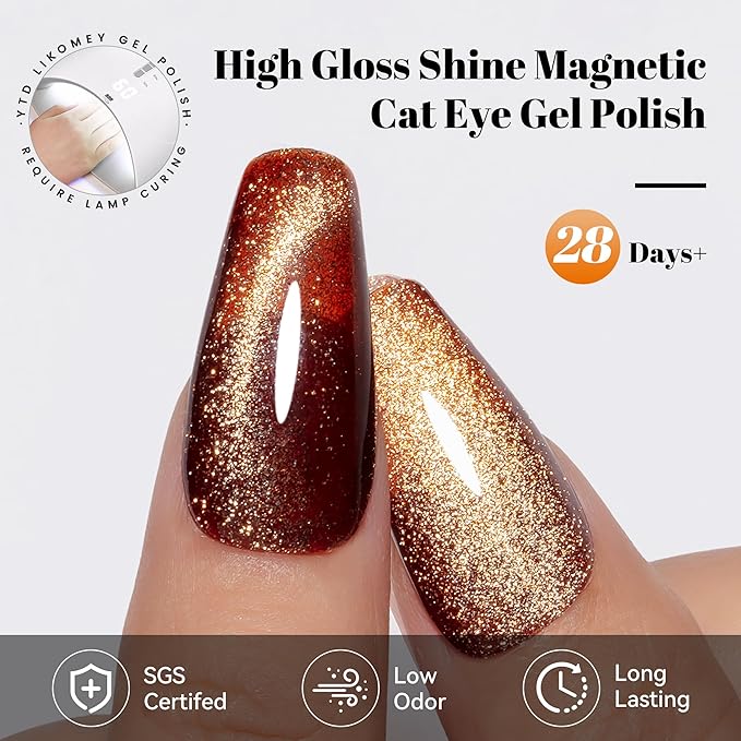 YTD Likomey Platinum Cat Eye Gel Nail Polish,15ml Brown Magnetic Reflective Flash Sparkle Glitter Shiny Salon Home Fall Winter Fall Winter UV Color Varnish with Magnet Stick,HEMA Free TPO Free,MY511