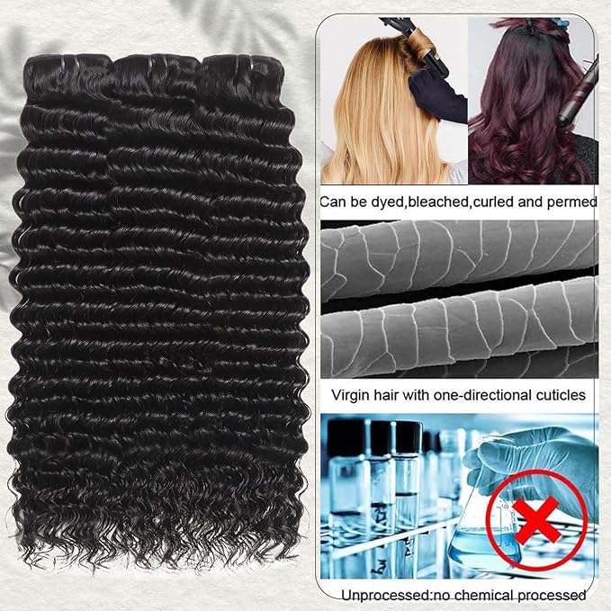 26 28 30 Inch Deep Wave Bundles Human Hair 3 Bundles 12A Grade 100% Unprocessed Brazilian Virgin Hair Bundles Wet and Wavy Bundles Double Weft Deep Wave Natural Black Color