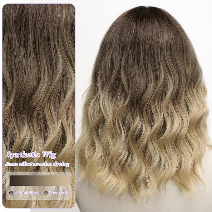 AISI HAIR Brown To Blonde Wavy Wig for Women,14 Inch Shoulder Length Middle Part Wavy Bob Lace Hairline Wigs Synthetic Heat Resistant Fiber Wig for Daily Party Use