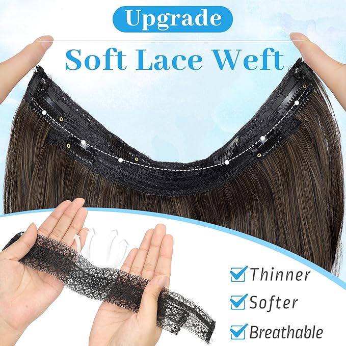 KooKaStyle Invisible Wire Hair Extensions 20"Long Wavy Layered Synthetic Clip in with Transparent Wire Adjustable Size 6 Secure Clips Dark Walnut Brown Thick Hairpieces for Women 20 Inch