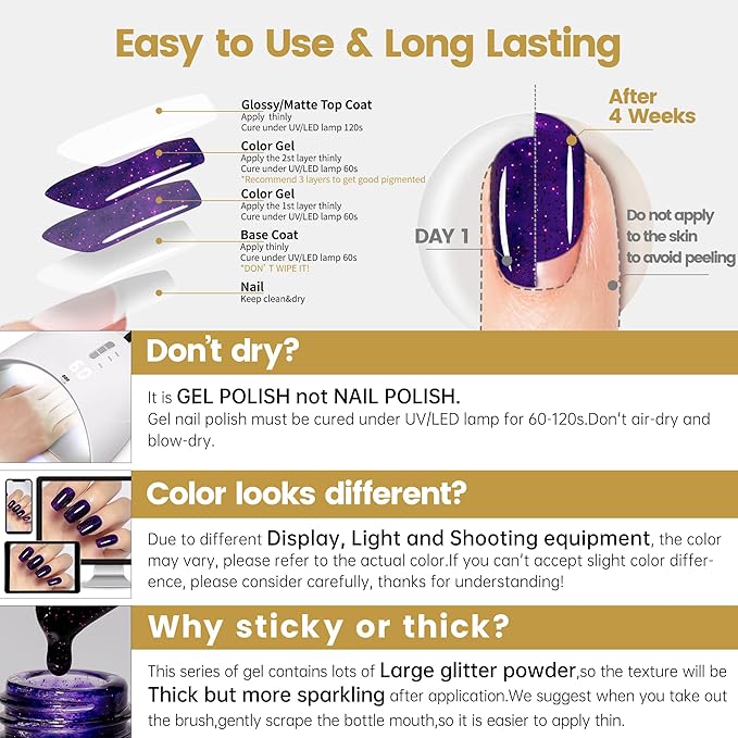 YTD Likomey Gel Nail Polish,15ml Secret Purple Glitter Nails Gel,Fall Winter Shiny Sparkly Salon Home DIY Manicure UV Color Varnish,SF442