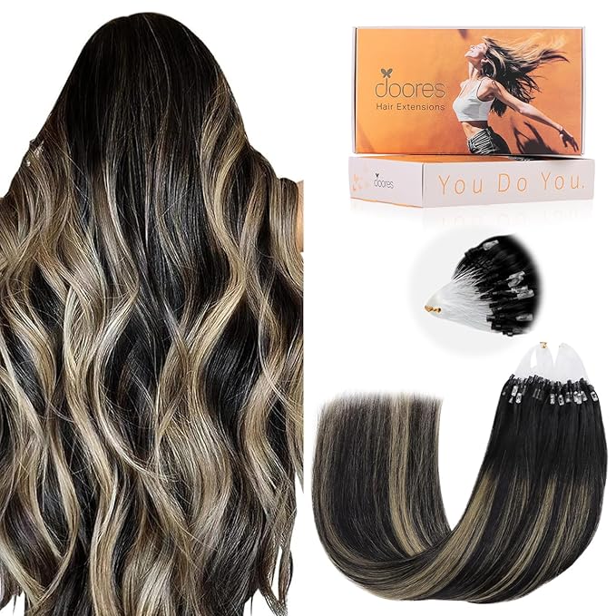 DOORES Microlink Hair Extensions Human Hair, Balayage Natural Black to Light Blonde 20 Inch 50g/50s, Real Human Extensions for Women