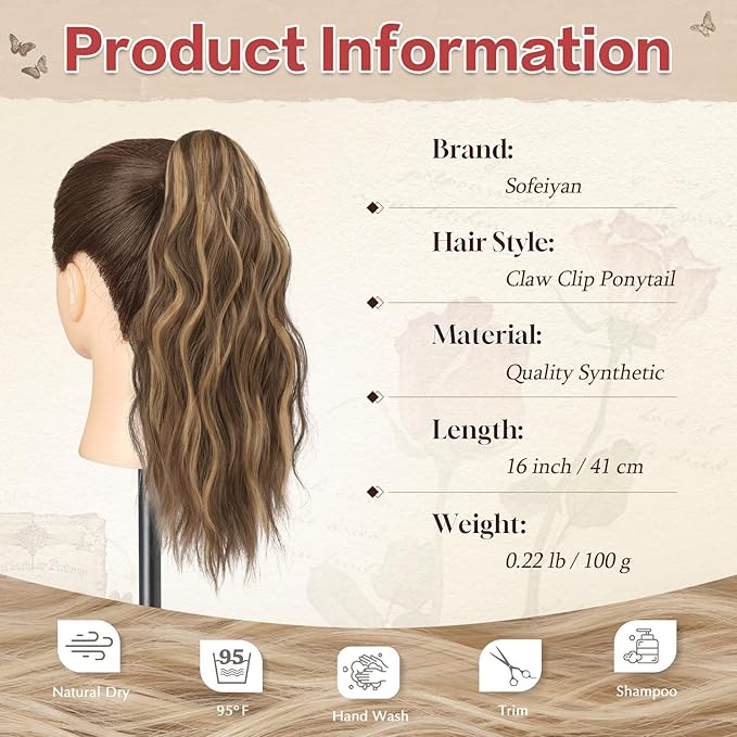 SOFEIYAN Ponytail Extension 16" Curly Wavy Claw Clip Ponytail Hair Extensions Small Claw Clip in Hairpiece Fluffy Clip on Pony Tails Jaw Clips for Women Synthetic Hairpiece, Honey Blonde&Light Brown